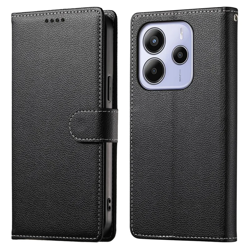 For Xiaomi Redmi Note 14 4G (163.25mm) Stand Case Litchi Texture Leather Wallet Phone Cover Magnetic Snap - Black
