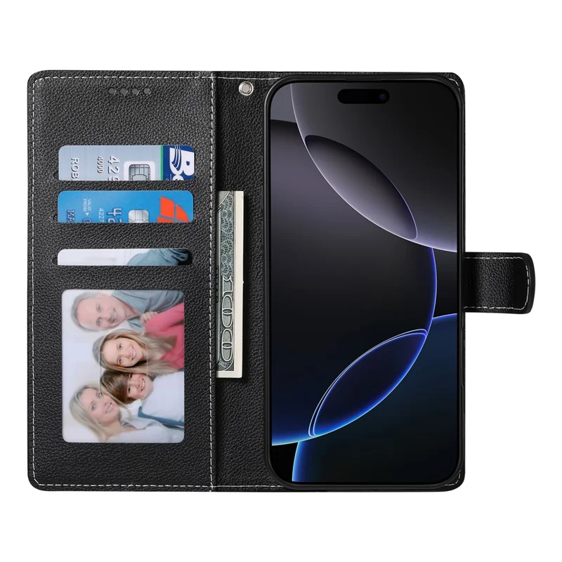 For Xiaomi Redmi Note 14 4G (163.25mm) Stand Case Litchi Texture Leather Wallet Phone Cover Magnetic Snap - Black