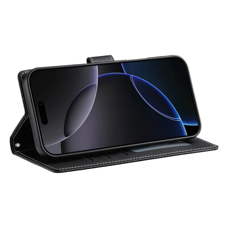 For Xiaomi Redmi Note 14 4G (163.25mm) Stand Case Litchi Texture Leather Wallet Phone Cover Magnetic Snap - Black