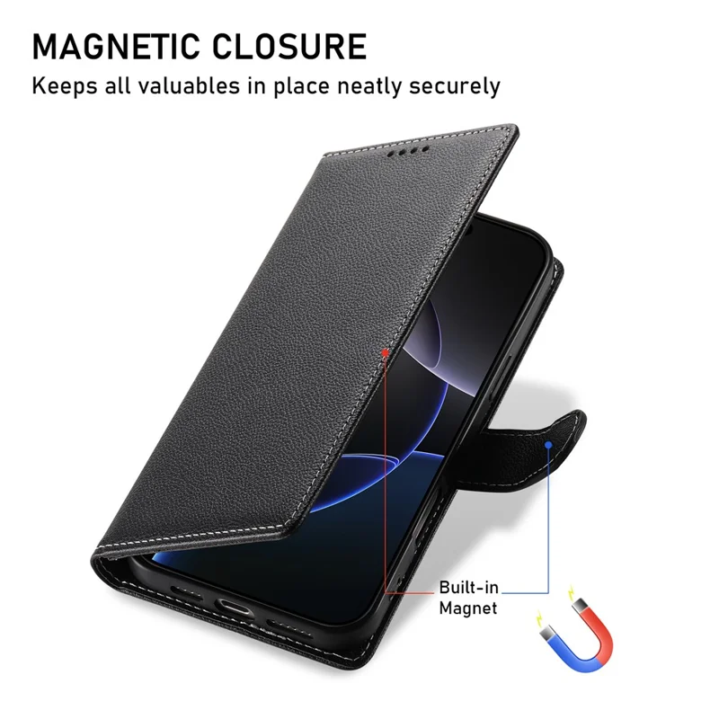 For Xiaomi Redmi Note 14 4G (163.25mm) Stand Case Litchi Texture Leather Wallet Phone Cover Magnetic Snap - Black