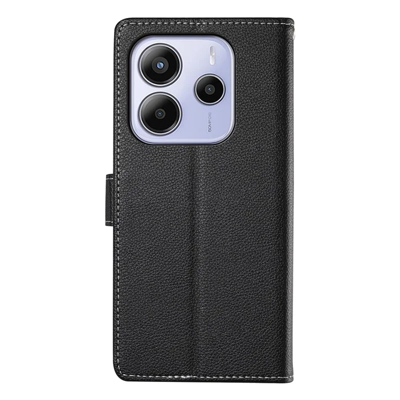 For Xiaomi Redmi Note 14 4G (163.25mm) Stand Case Litchi Texture Leather Wallet Phone Cover Magnetic Snap - Black