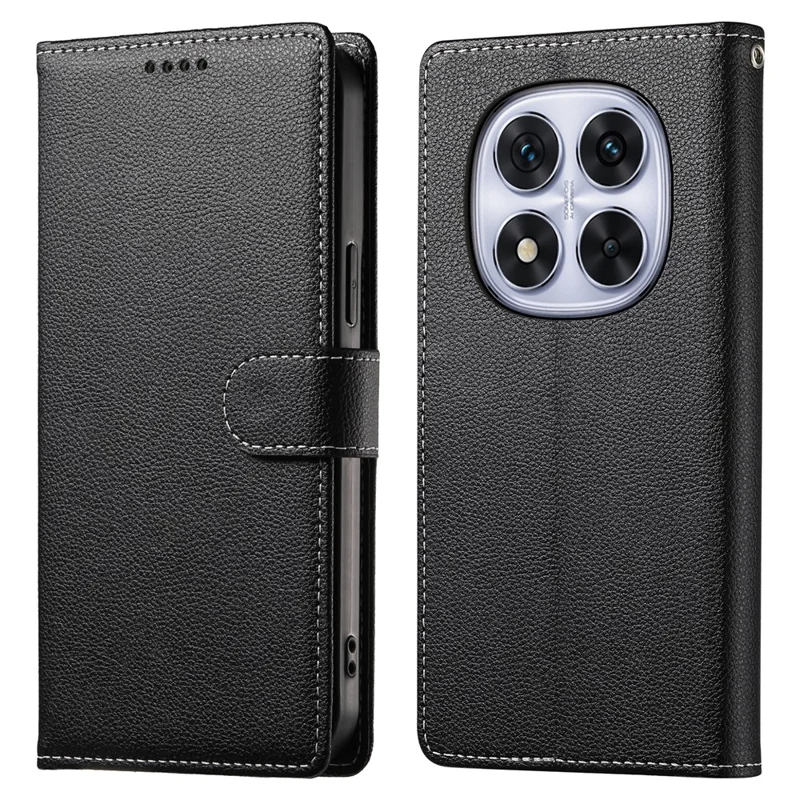 DF-012 For Xiaomi Redmi Note 14 Pro 5G / Poco X7 5G Case Litchi Texture Leather Magnetic Clasp Wallet Stand Phone Cover - Black