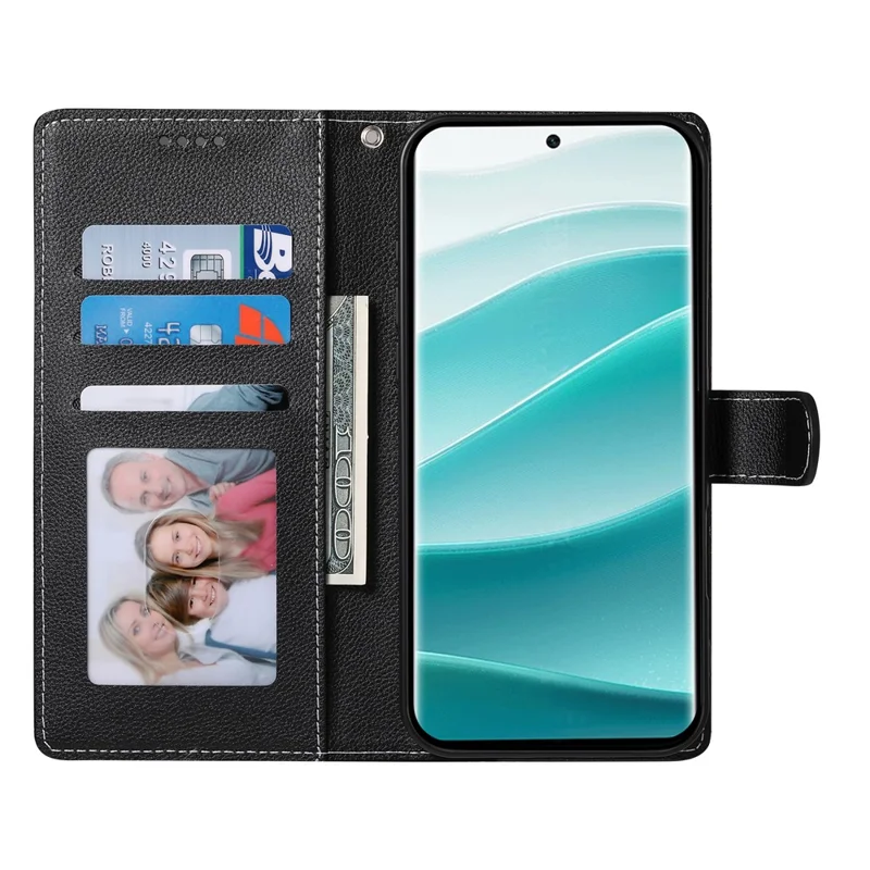 DF-012 For Xiaomi Redmi Note 14 Pro 5G / Poco X7 5G Case Litchi Texture Leather Magnetic Clasp Wallet Stand Phone Cover - Black