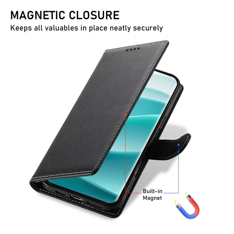 DF-012 For Xiaomi Redmi Note 14 Pro 5G / Poco X7 5G Case Litchi Texture Leather Magnetic Clasp Wallet Stand Phone Cover - Black