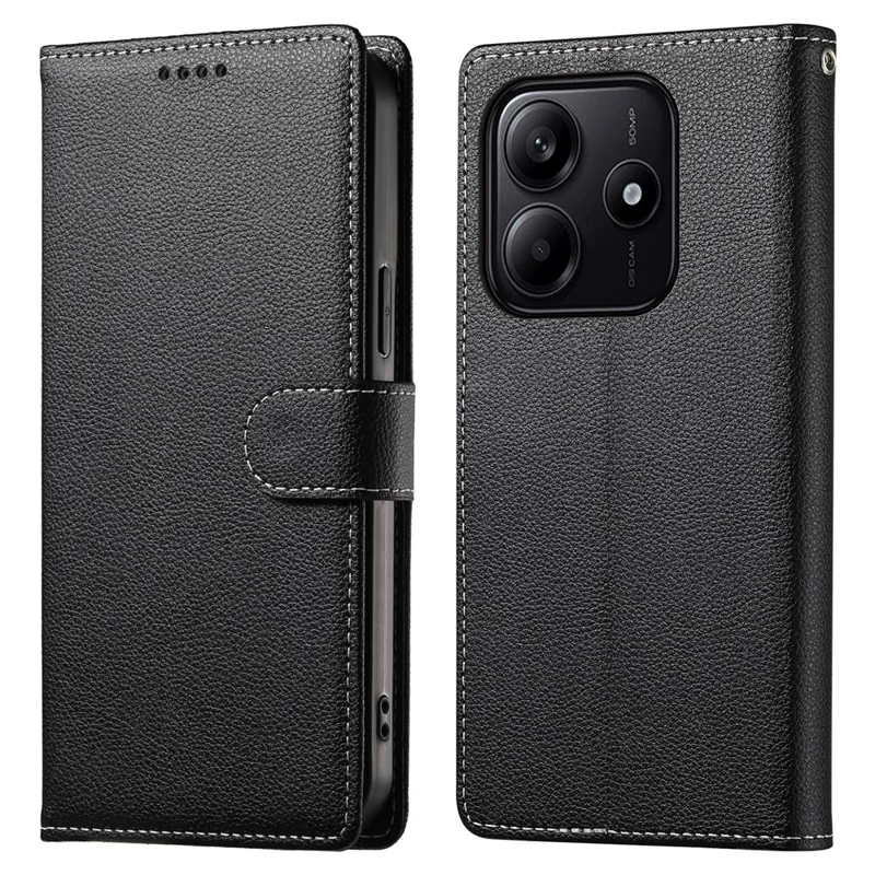 DF-012 For Xiaomi Redmi Note 14 5G Case Litchi Texture Leather Magnetic Clasp Wallet Stand Phone Cover with Wrist Strap - Black