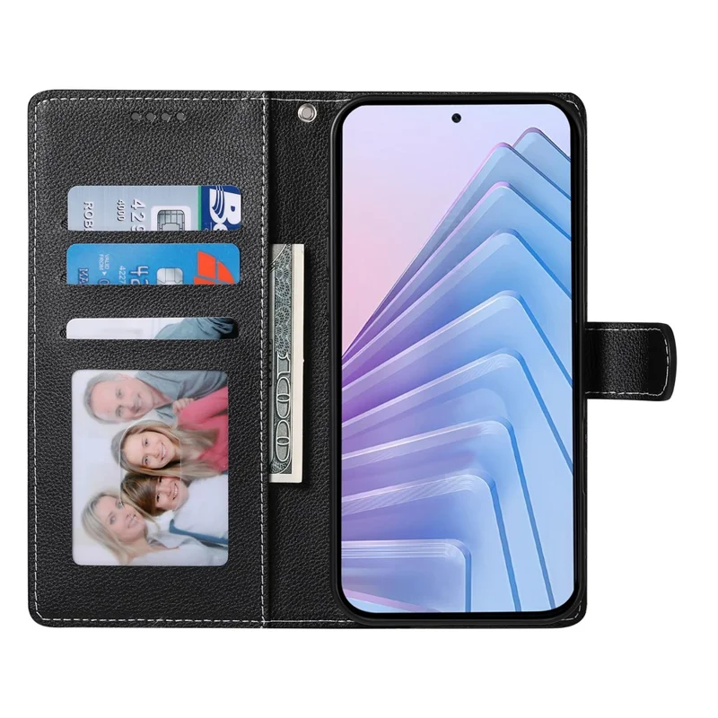 DF-012 For Xiaomi Redmi Note 14 5G Case Litchi Texture Leather Magnetic Clasp Wallet Stand Phone Cover with Wrist Strap - Black