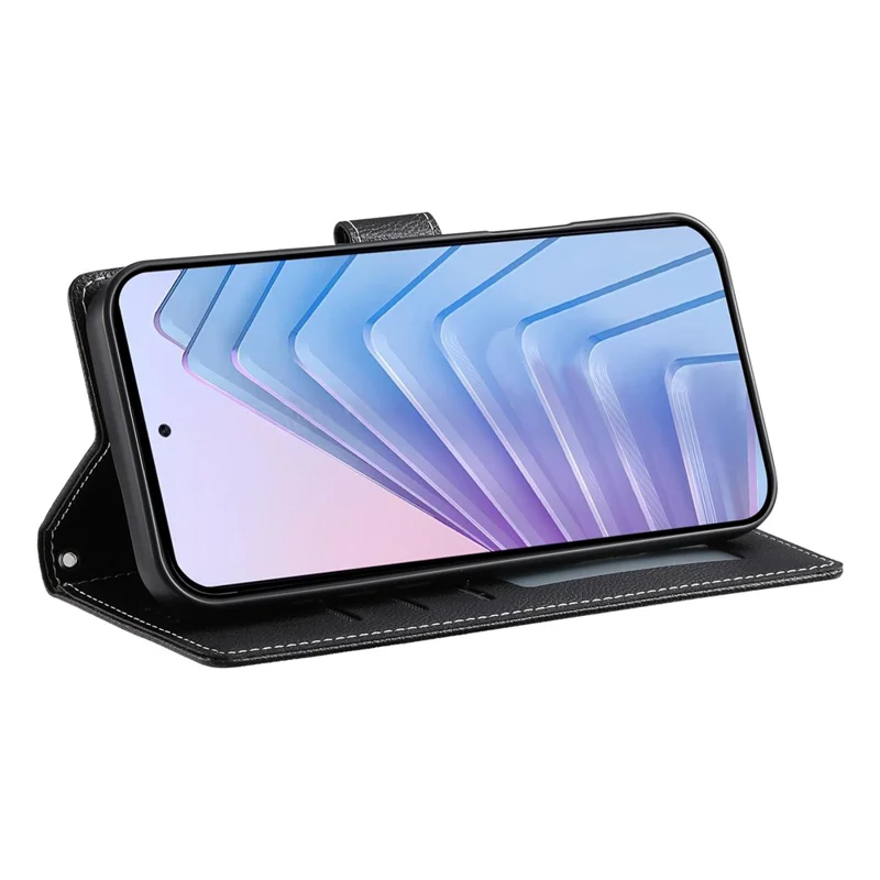 DF-012 For Xiaomi Redmi Note 14 5G Case Litchi Texture Leather Magnetic Clasp Wallet Stand Phone Cover with Wrist Strap - Black