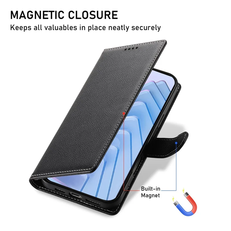 DF-012 For Xiaomi Redmi Note 14 5G Case Litchi Texture Leather Magnetic Clasp Wallet Stand Phone Cover with Wrist Strap - Black