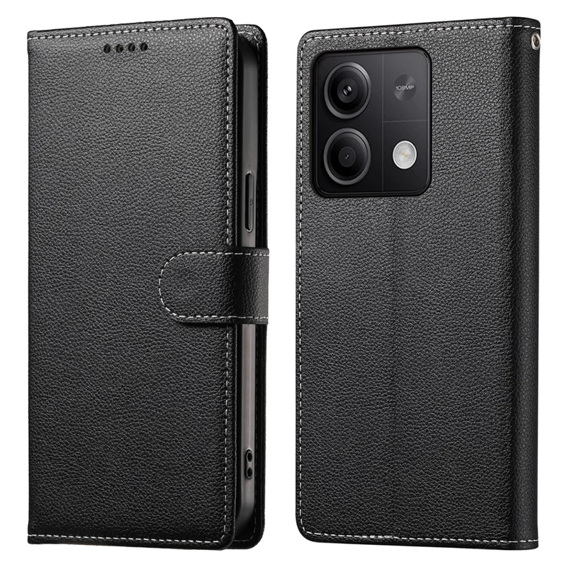 DF-012 For Xiaomi Redmi Note 13 5G Case Litchi Texture Leather Magnetic Clasp Wallet Stand Phone Cover with Wrist Strap - Black