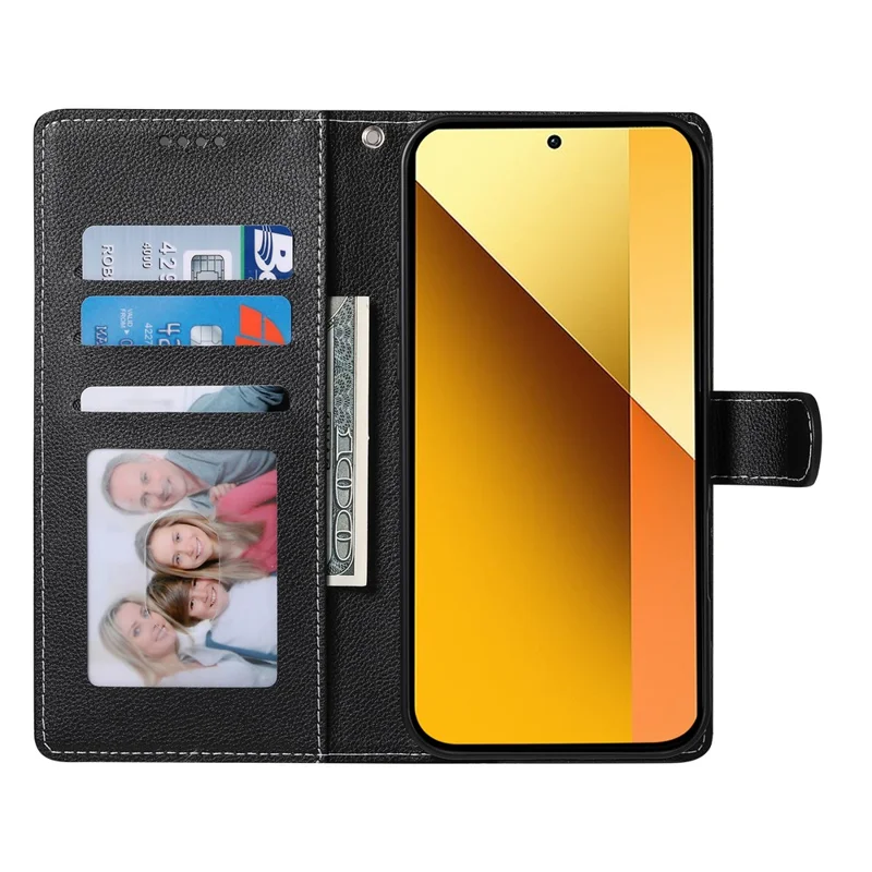DF-012 For Xiaomi Redmi Note 13 5G Case Litchi Texture Leather Magnetic Clasp Wallet Stand Phone Cover with Wrist Strap - Black