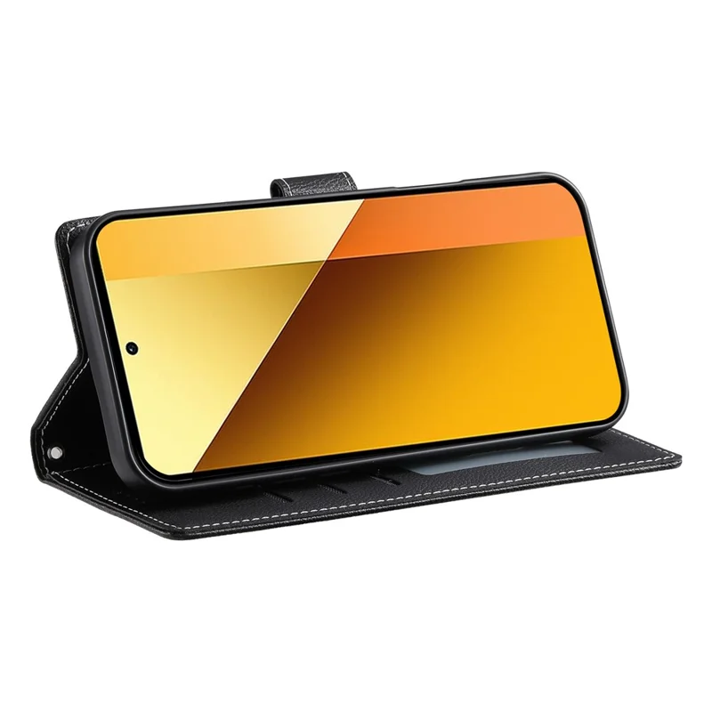 DF-012 For Xiaomi Redmi Note 13 5G Case Litchi Texture Leather Magnetic Clasp Wallet Stand Phone Cover with Wrist Strap - Black