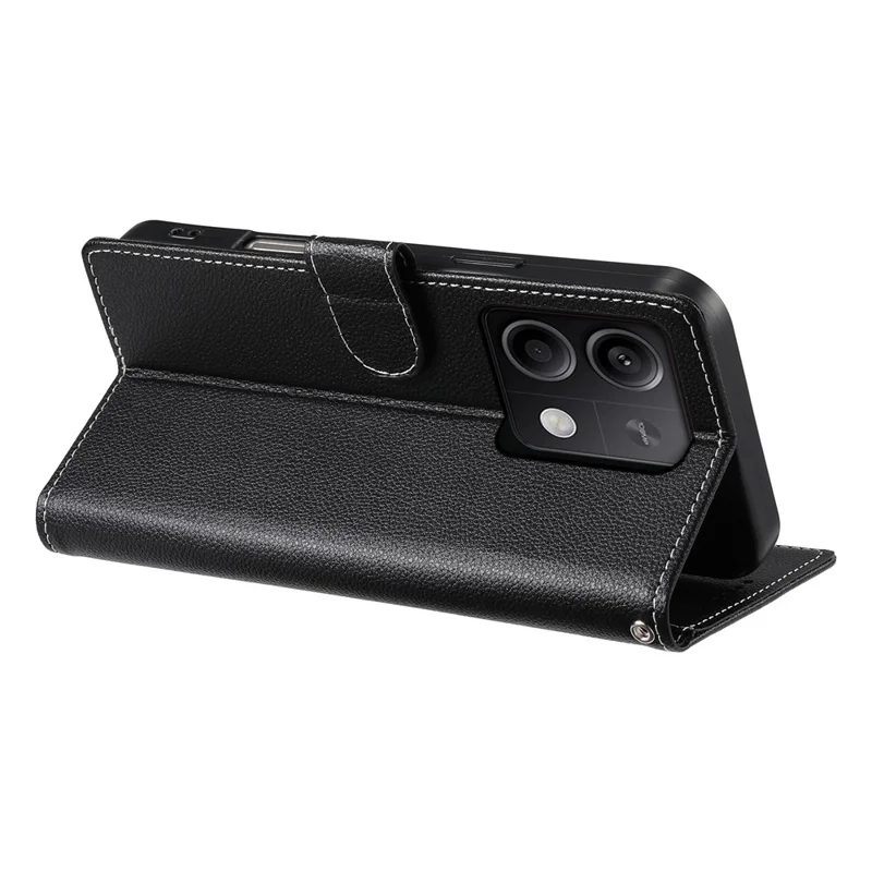 DF-012 For Xiaomi Redmi Note 13 5G Case Litchi Texture Leather Magnetic Clasp Wallet Stand Phone Cover with Wrist Strap - Black