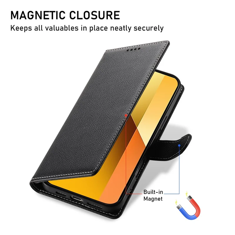 DF-012 For Xiaomi Redmi Note 13 5G Case Litchi Texture Leather Magnetic Clasp Wallet Stand Phone Cover with Wrist Strap - Black
