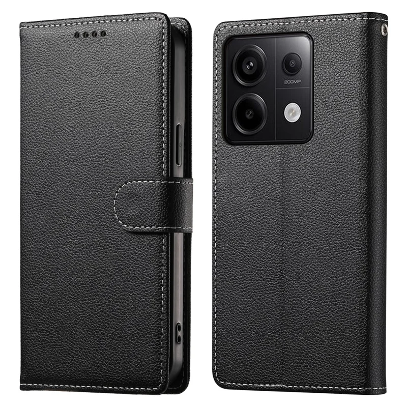 DF-012 For Xiaomi Redmi Note 13 Pro 5G / Poco X6 5G Case Litchi Texture Leather Magnetic Clasp Wallet Stand Phone Cover with Wrist Strap - Black
