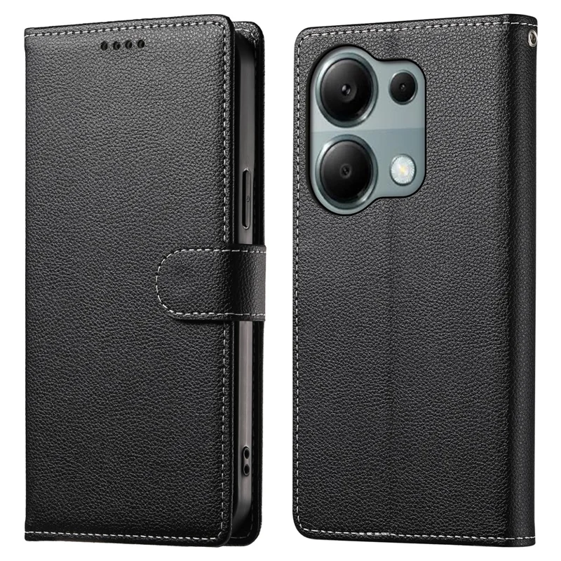 DF-012 For Xiaomi Redmi Note 13 Pro 4G Case Litchi Texture Leather Magnetic Clasp Wallet Stand Phone Cover with Wrist Strap - Black