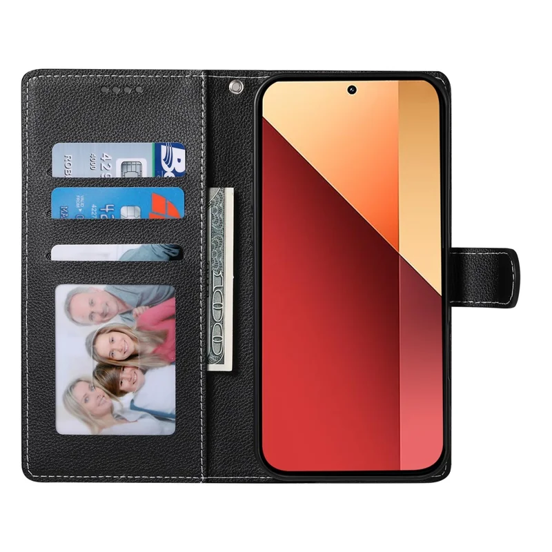 DF-012 For Xiaomi Redmi Note 13 Pro 4G Case Litchi Texture Leather Magnetic Clasp Wallet Stand Phone Cover with Wrist Strap - Black