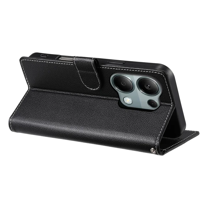 DF-012 For Xiaomi Redmi Note 13 Pro 4G Case Litchi Texture Leather Magnetic Clasp Wallet Stand Phone Cover with Wrist Strap - Black