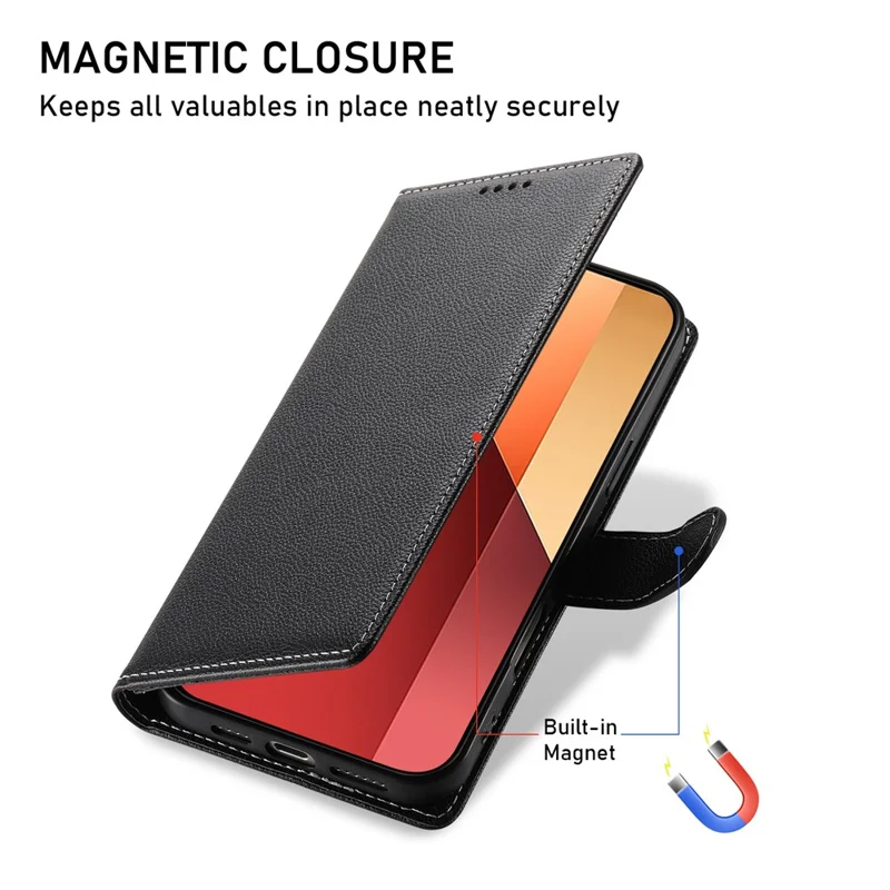 DF-012 For Xiaomi Redmi Note 13 Pro 4G Case Litchi Texture Leather Magnetic Clasp Wallet Stand Phone Cover with Wrist Strap - Black