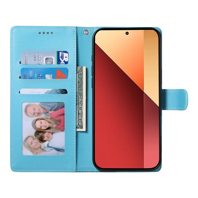 DF-012 Für Xiaomi Redmi Note 13 Pro 4G Hülle Lederstruktur mit Magnetverschluss Brieftasche Ständer Handyhülle mit Handschlaufe - Himmelblau