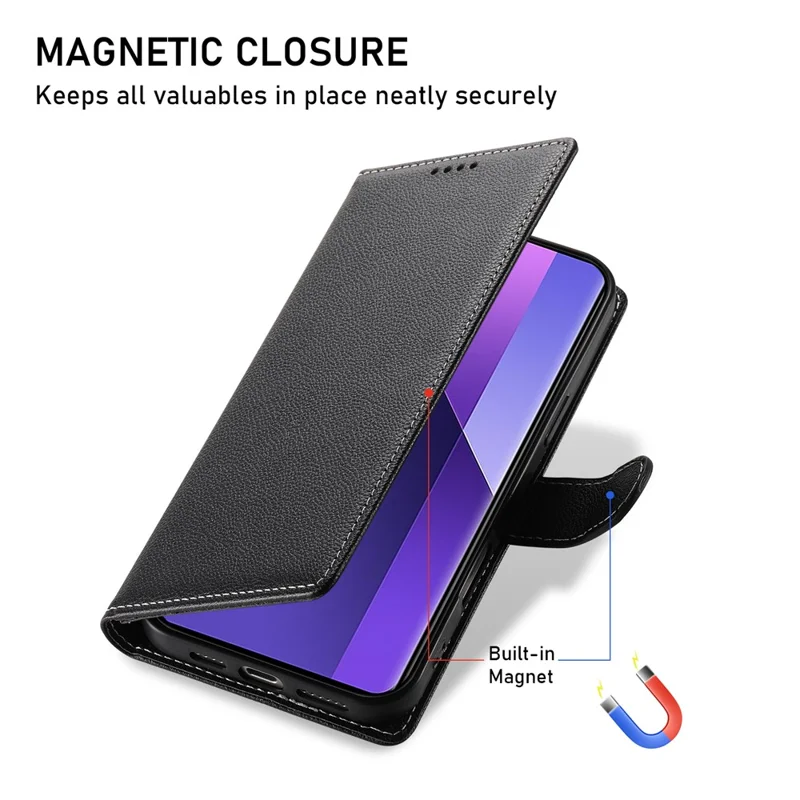 For Xiaomi Redmi Note 13 Pro+ 5G Stand Case Litchi Texture Leather Wallet Phone Cover Magnetic Snap - Black