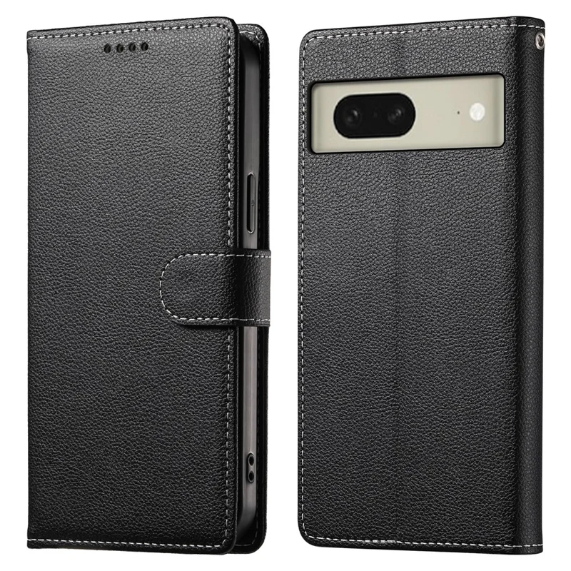 For Google Pixel 8 Case Litchi Texture Leather Wallet Phone Cover Magnetic Snap - Black