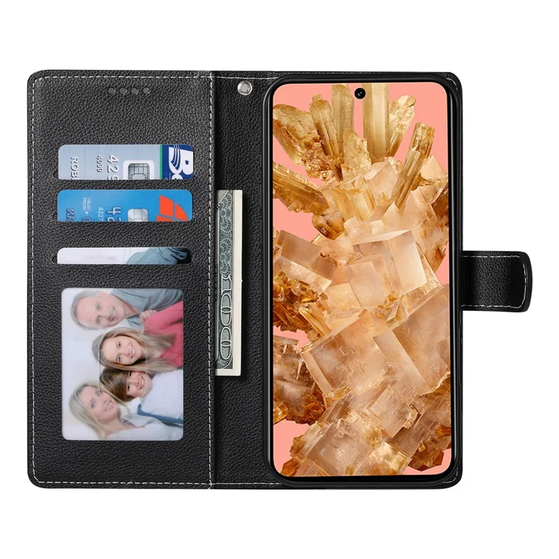 For Google Pixel 8 Case Litchi Texture Leather Wallet Phone Cover Magnetic Snap - Black