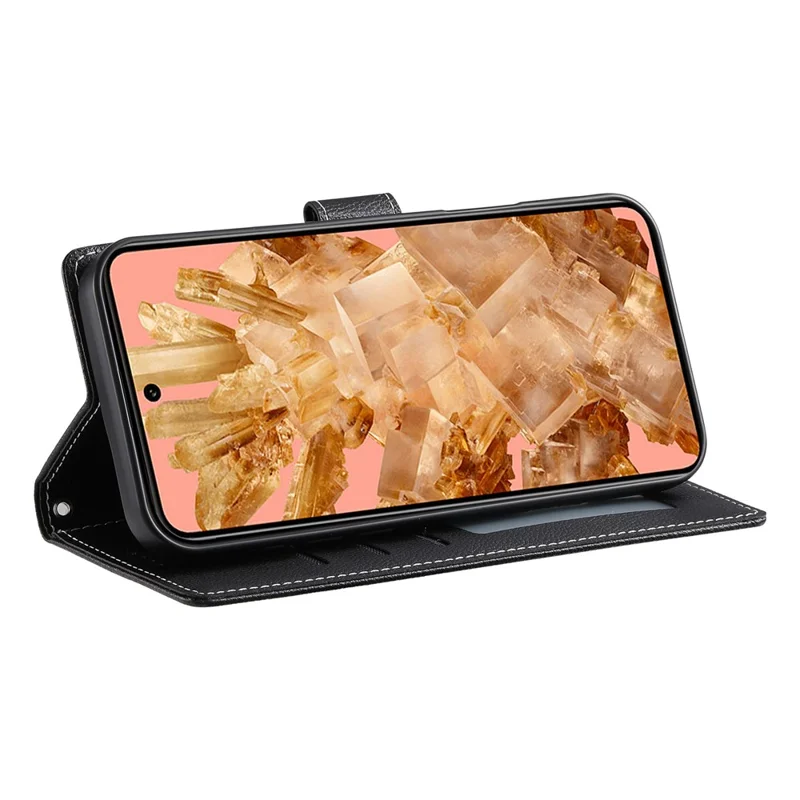 For Google Pixel 8 Case Litchi Texture Leather Wallet Phone Cover Magnetic Snap - Black