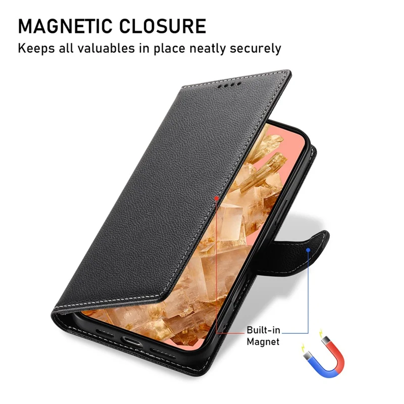 For Google Pixel 8 Case Litchi Texture Leather Wallet Phone Cover Magnetic Snap - Black