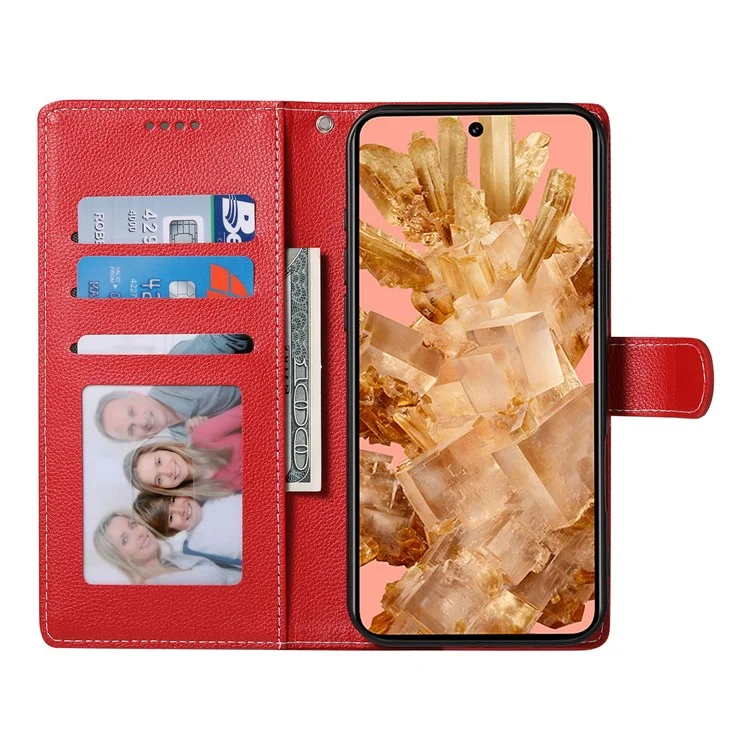 For Google Pixel 8 Case Litchi Texture Leather Wallet Phone Cover Magnetic Snap - Red