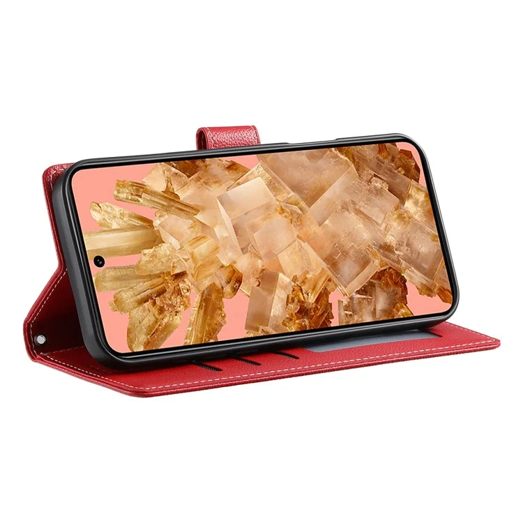 For Google Pixel 8 Case Litchi Texture Leather Wallet Phone Cover Magnetic Snap - Red