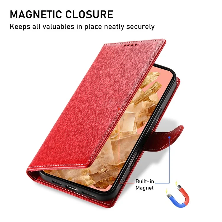For Google Pixel 8 Case Litchi Texture Leather Wallet Phone Cover Magnetic Snap - Red