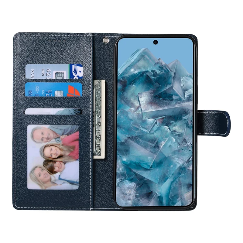 For Google Pixel 8 Pro Stand Case Litchi Texture Leather Wallet Phone Cover Magnetic Snap - Dark Blue
