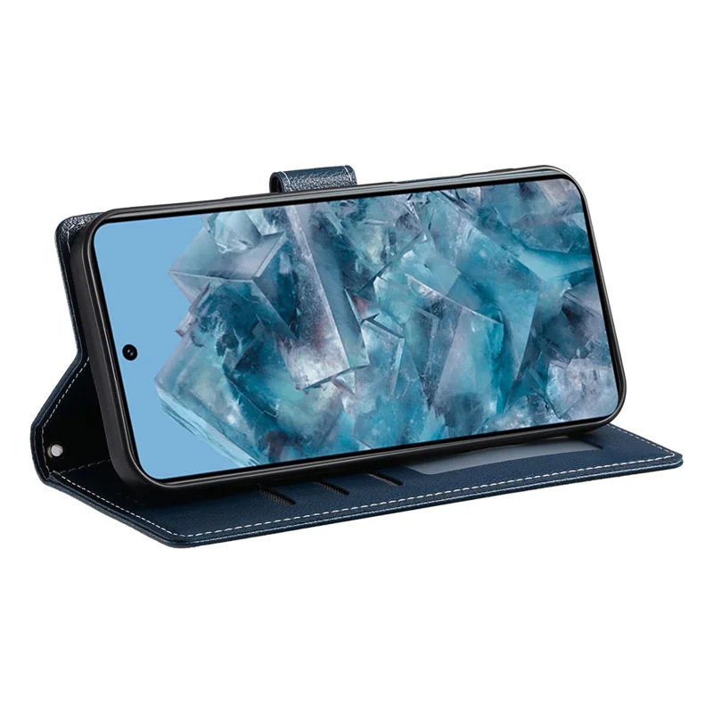 For Google Pixel 8 Pro Stand Case Litchi Texture Leather Wallet Phone Cover Magnetic Snap - Dark Blue