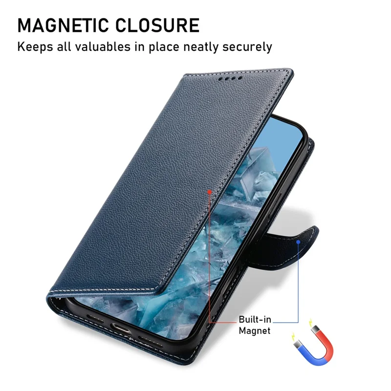 For Google Pixel 8 Pro Stand Case Litchi Texture Leather Wallet Phone Cover Magnetic Snap - Dark Blue