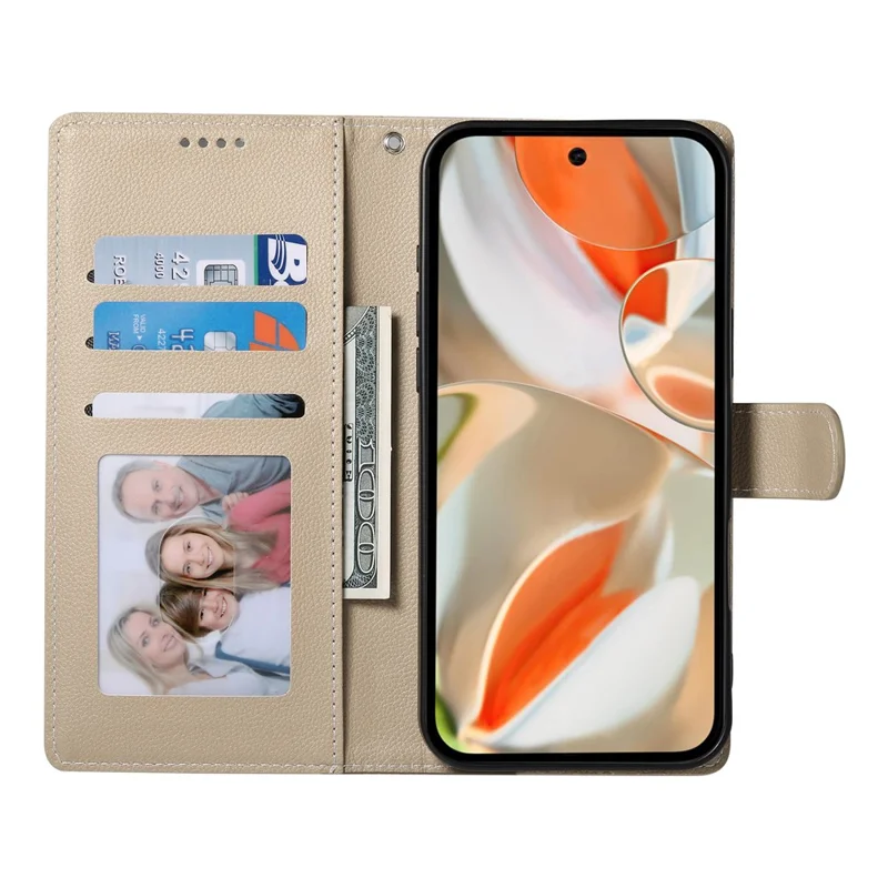 For Google Pixel 9 Pro XL Stand Case Litchi Texture Leather Wallet Phone Cover Magnetic Snap - Apricot