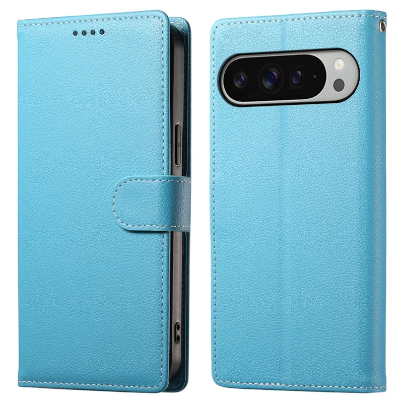 For Google Pixel 9 Pro XL Stand Case Litchi Texture Leather Wallet Phone Cover Magnetic Snap - Sky Blue