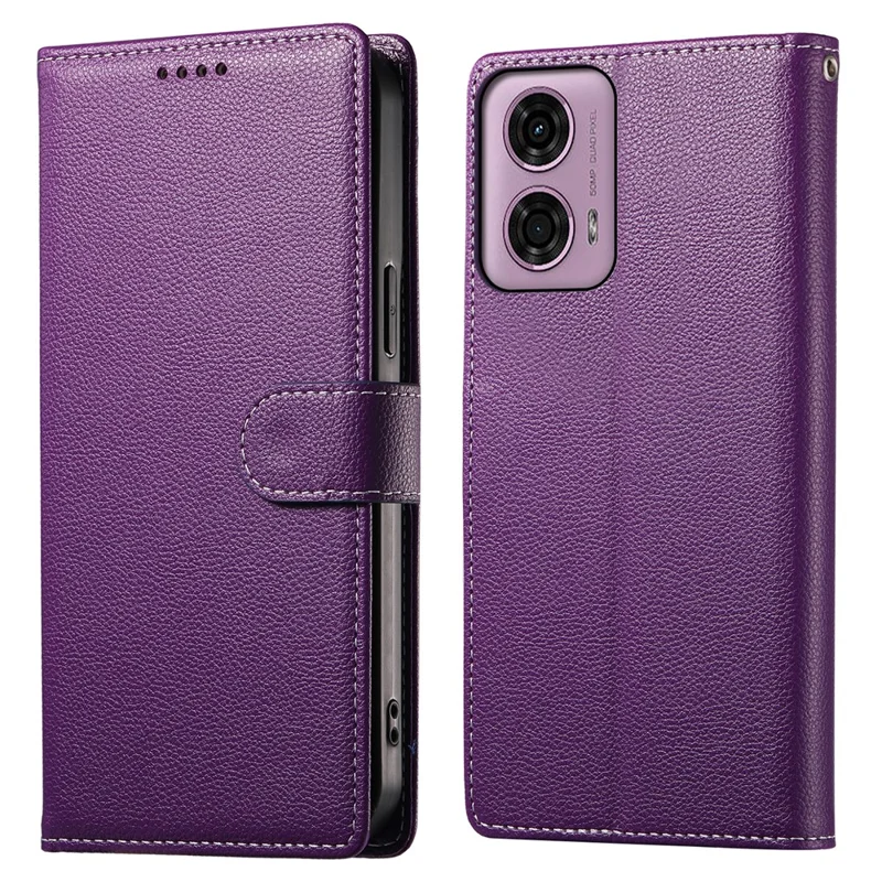 Чехол-книжка для Motorola Moto G24 4G / G04 4G с текстурой личи, кожаный кошелек, магнитная застежка - фиолетовый