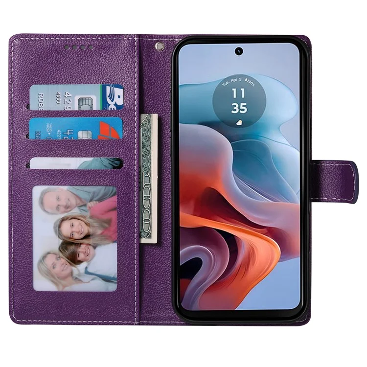 DF-012 Funda de Cuero con Textura de Cuero de Lichi, Cierre Magnético y Soporte para Motorola Moto G45 5G / G34 5G - Morado