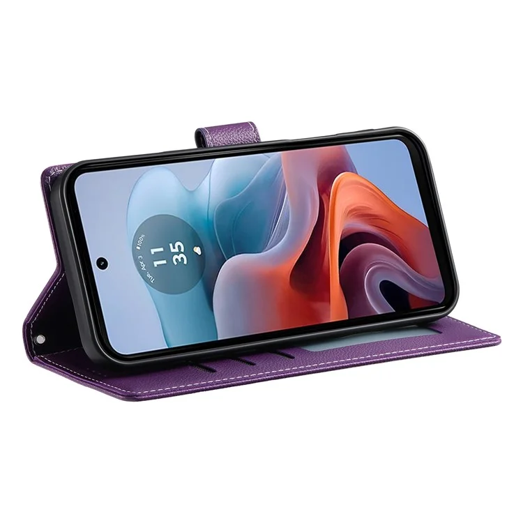DF-012 Funda de Cuero con Textura de Cuero de Lichi, Cierre Magnético y Soporte para Motorola Moto G45 5G / G34 5G - Morado