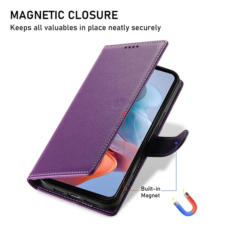 DF-012 Funda de Cuero con Textura de Cuero de Lichi, Cierre Magnético y Soporte para Motorola Moto G45 5G / G34 5G - Morado