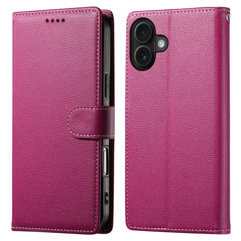 DF-012 For iPhone 16 Case Litchi Texture Leather Magnetic Clasp Wallet Stand Phone Cover - Rose