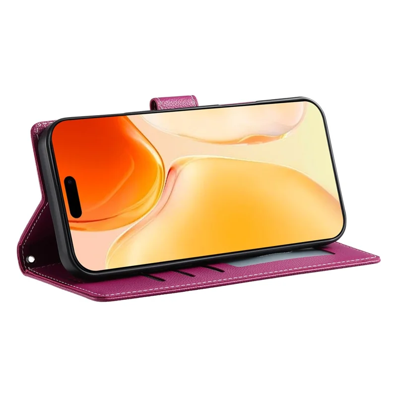 DF-012 For iPhone 16 Case Litchi Texture Leather Magnetic Clasp Wallet Stand Phone Cover - Rose