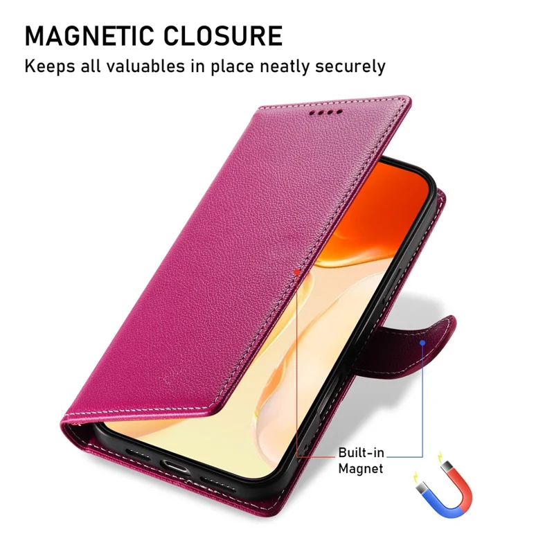 DF-012 For iPhone 16 Case Litchi Texture Leather Magnetic Clasp Wallet Stand Phone Cover - Rose