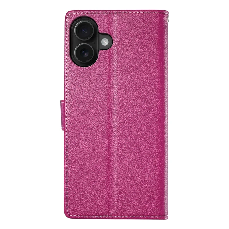DF-012 For iPhone 16 Case Litchi Texture Leather Magnetic Clasp Wallet Stand Phone Cover - Rose