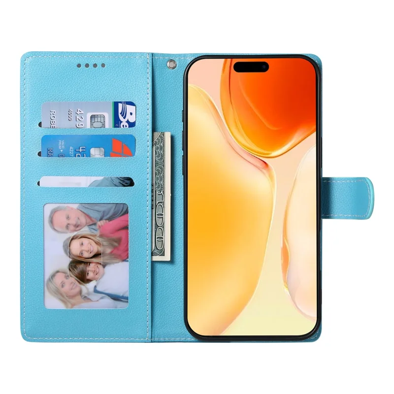 DF-012 For iPhone 16 Plus Case Litchi Texture Leather Wallet Stand Phone Cover - Sky Blue