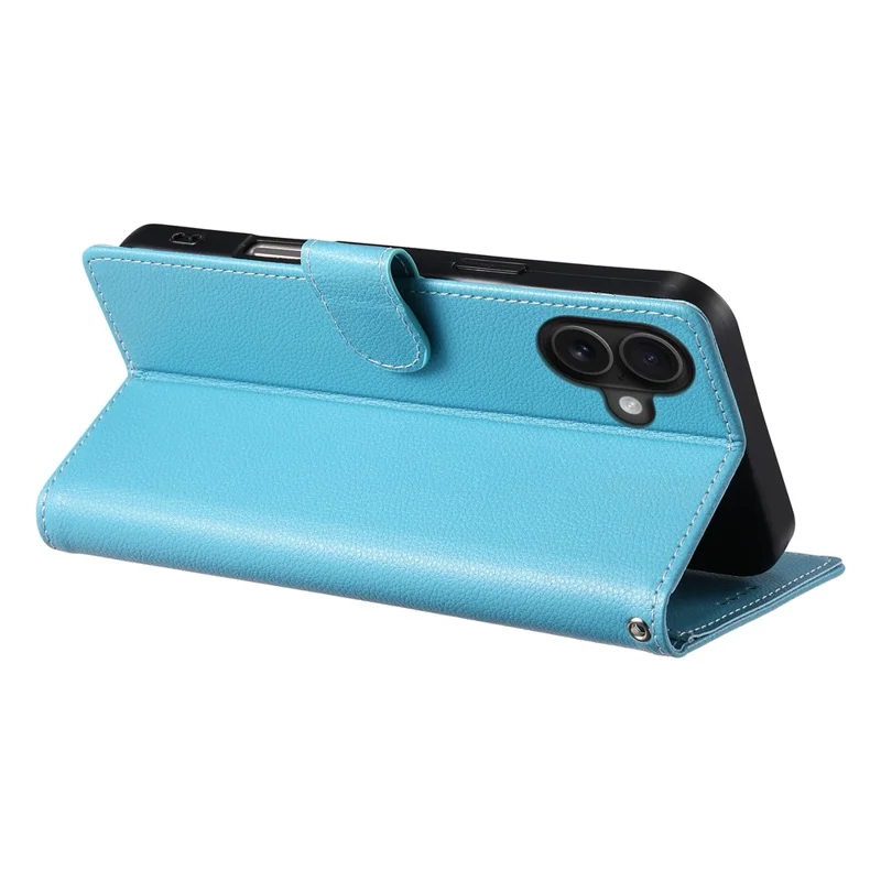 DF-012 For iPhone 16 Plus Case Litchi Texture Leather Wallet Stand Phone Cover - Sky Blue