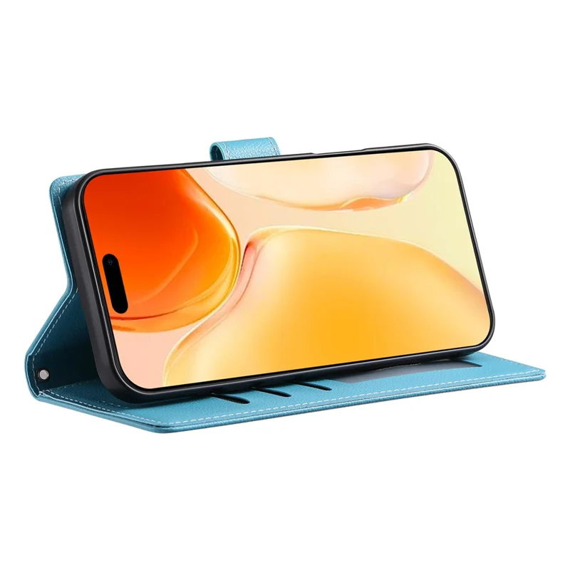 DF-012 For iPhone 16 Plus Case Litchi Texture Leather Wallet Stand Phone Cover - Sky Blue