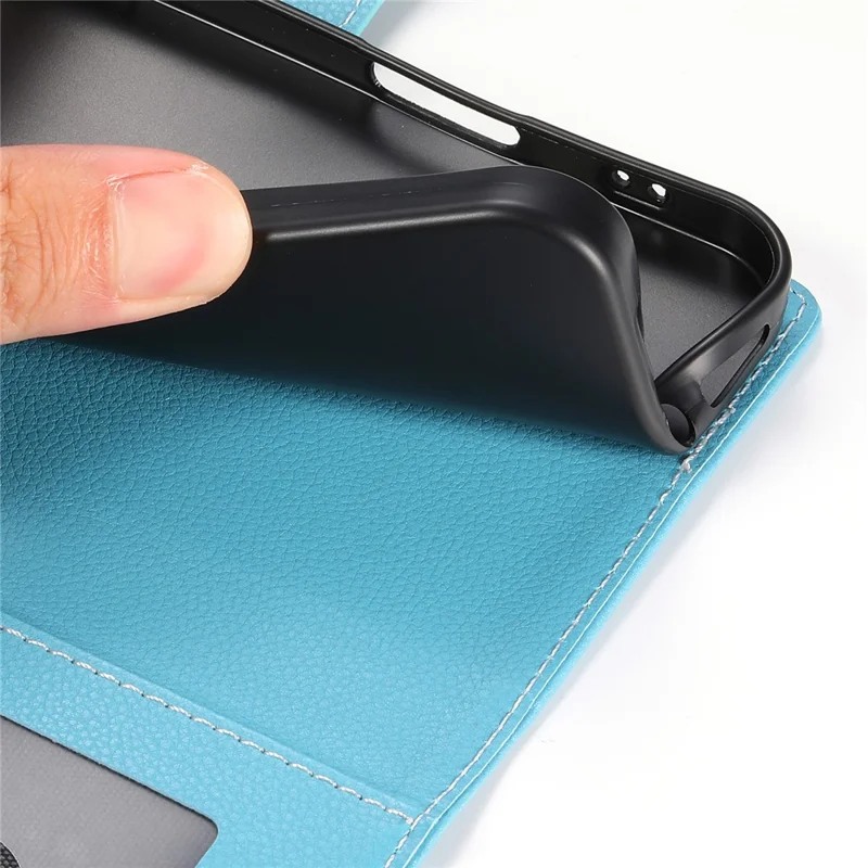 DF-012 For iPhone 16 Plus Case Litchi Texture Leather Wallet Stand Phone Cover - Sky Blue