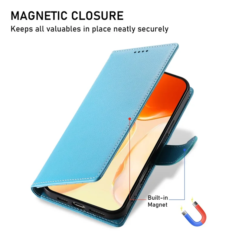DF-012 For iPhone 16 Plus Case Litchi Texture Leather Wallet Stand Phone Cover - Sky Blue