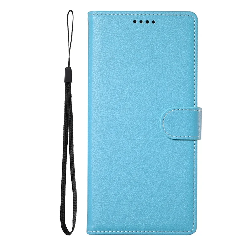 DF-012 For iPhone 16 Plus Case Litchi Texture Leather Wallet Stand Phone Cover - Sky Blue